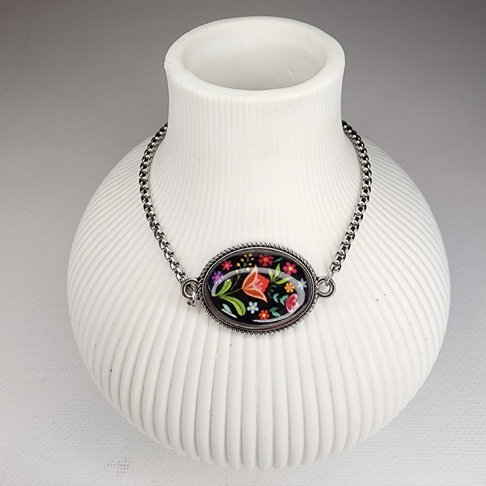 Floral Medallion Black Enamel Box Chain Adjustable Bolo Bracelet